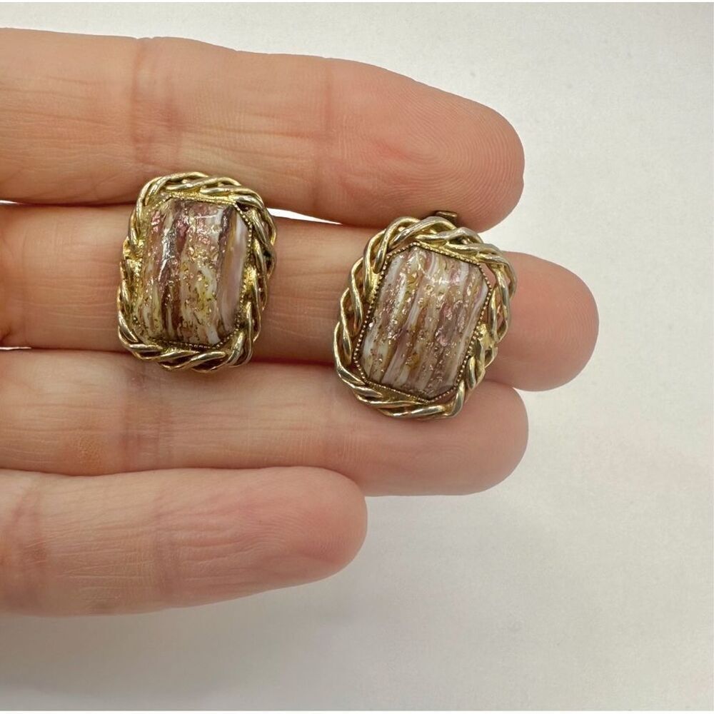 Vintage Confetti Clip-On Earrings with Foil-Flecked Art Glass